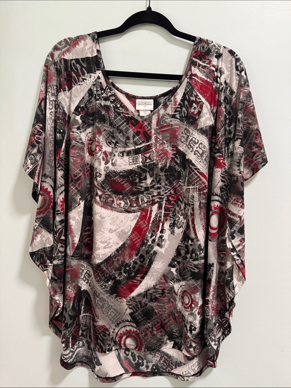 Jaclyn Smith Abstract Print Dolman Top - Red, Black & Gray